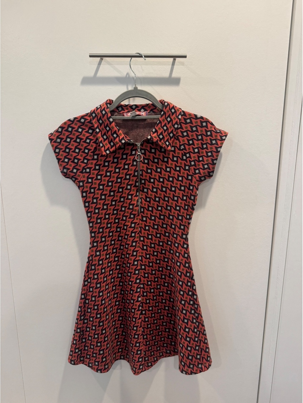 Urban Outfitters Red Geometric Print Collared Mini Dress Size XS Retro